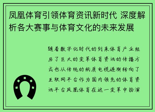 凤凰体育引领体育资讯新时代 深度解析各大赛事与体育文化的未来发展